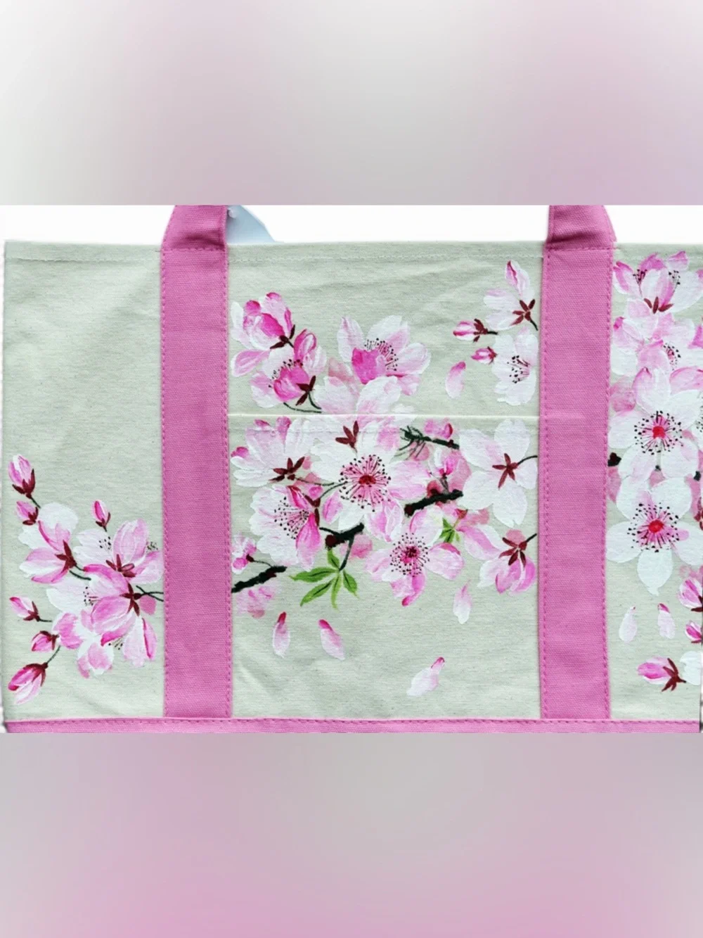 Hand Painted Cherry Blossom Sakura Tote Bag Pink Canvas Large‎ Tote Bag Washable
